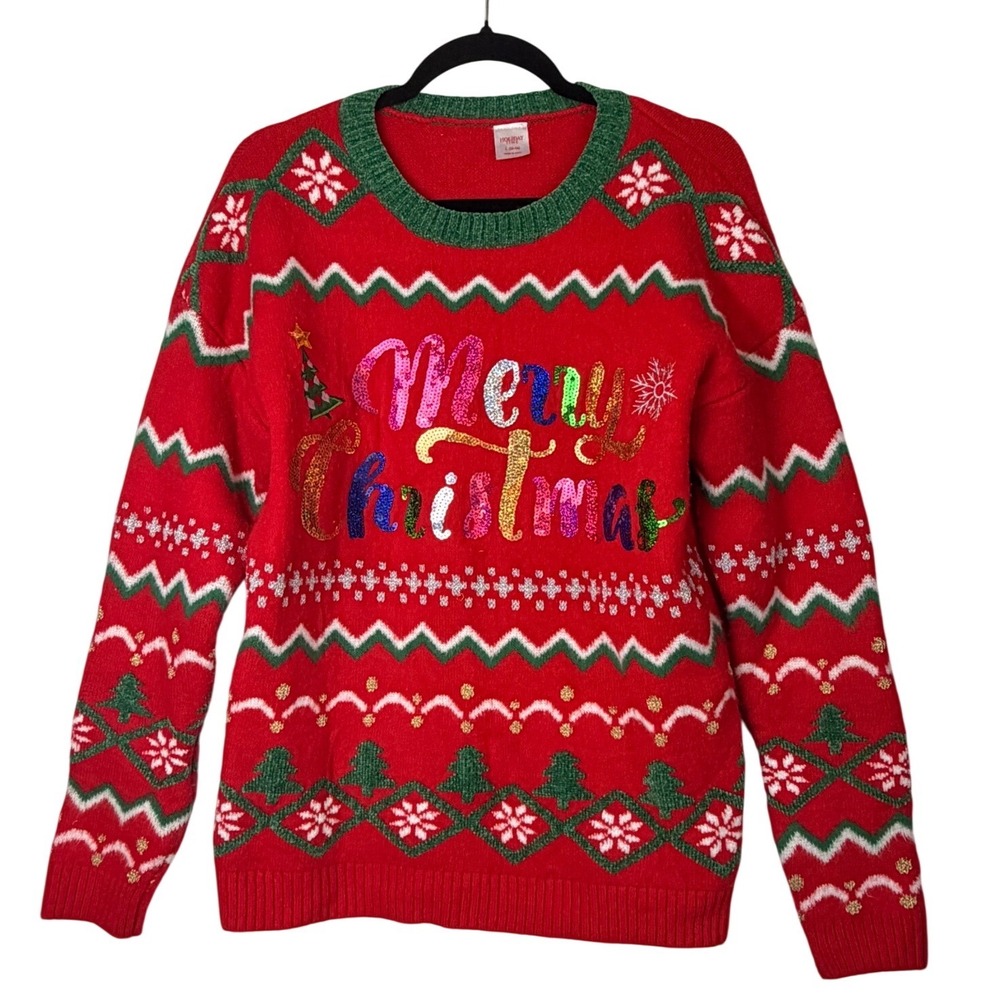 Holiday Time Merry Christmas Sequin Ugly Sweater Red Green Large L